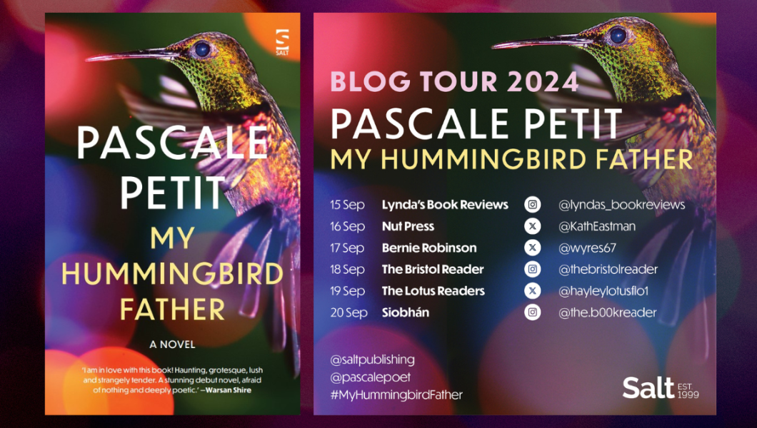 Blog tour poster and cover image for My Hummingbird Father