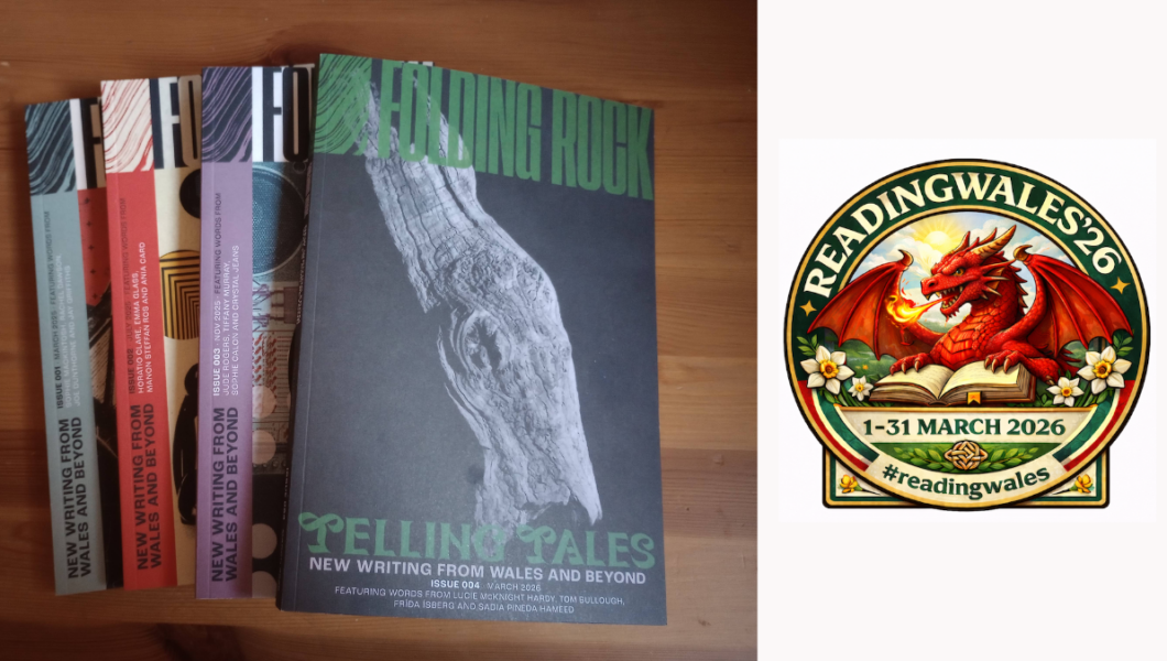 The first four print issues of Folding Rock magazine spread out on a desk, showcasing writing from and about Wales